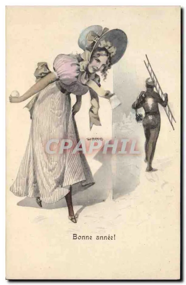Frau in gestreifter Kleidung und Hut — humoristische Illustration — Serie 'Delight of New Year' von W. A. K. M. - Vorderseite
