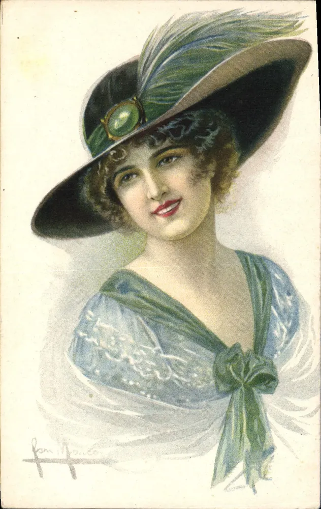 Junge Frau mit Hut aus Federn — Illustration von Jean Maurice — Verlag Ufficio Rev Stampe N. 951 - Vorderseite