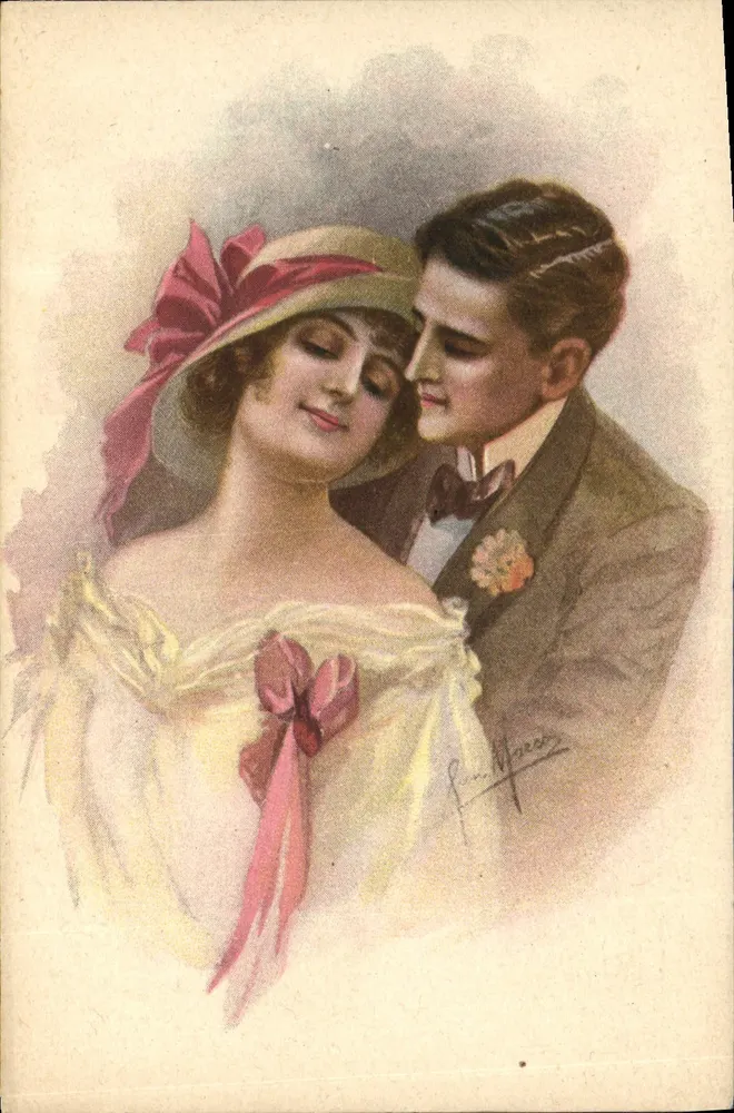 Junges Paar in historischem Kleid — romantische Illustration — signiert von Rino Maresi - Vorderseite