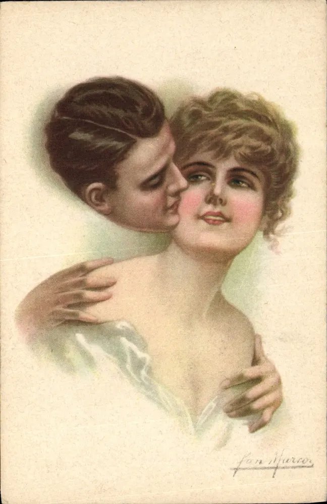 Ein Mann küsst eine Frau — romantische Illustration — Fan Marcoro - Vorderseite