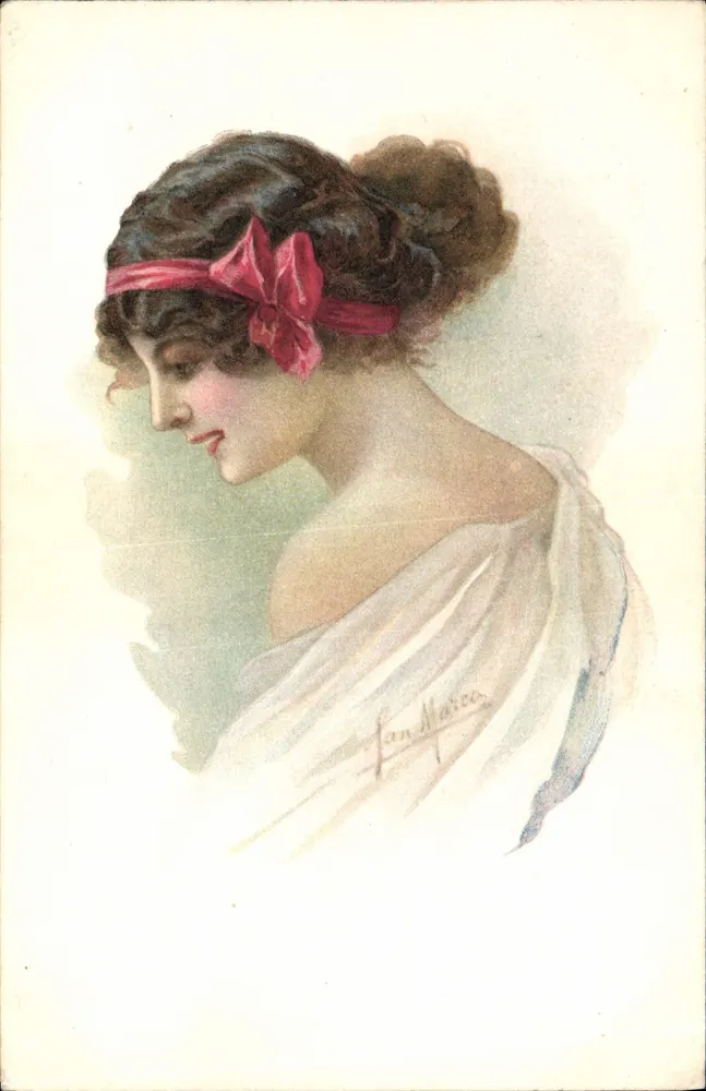 Junge Frau mit rotem Schleifchen — Portrait — signiert San Marica - Vorderseite