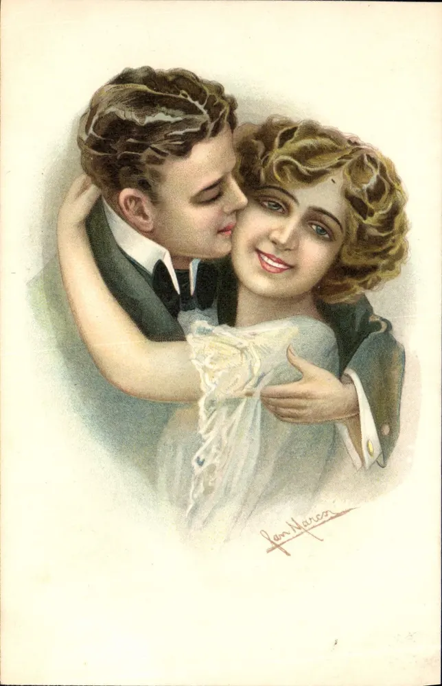 Junges Paar, das sich umarmt — farbige Illustration — signiert von Jean Marca, Serie 3318-2 - Vorderseite