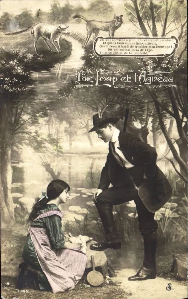 Le Loup et l'Agneau — scène de forêt avec un homme et une femme — éditeur É. C. (imprimé en bas à droite) n° 3142 - Voorkant