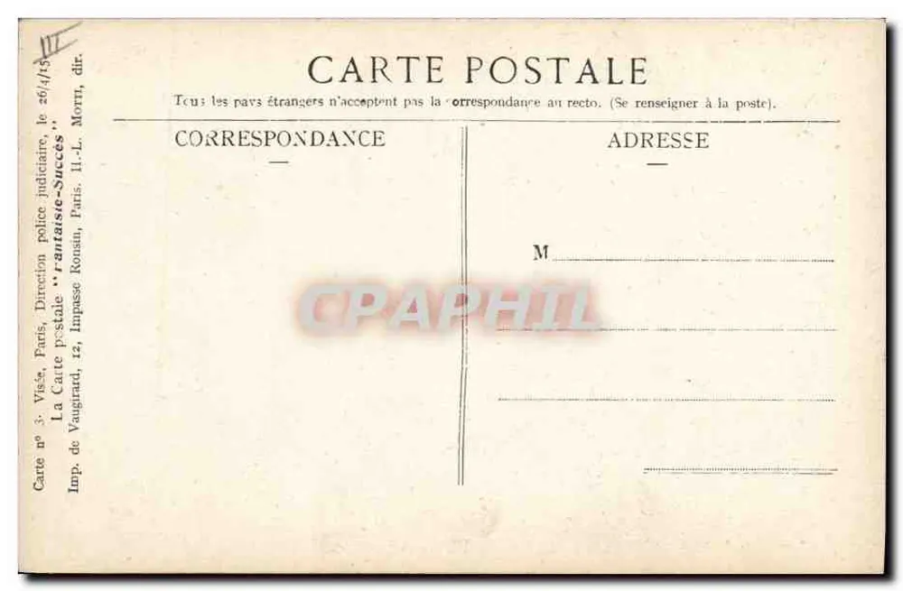 Politische Karikatur — Angebot einer Vorstellung — Verlag: La Carte postale 'Fantaisie-Succès', Paris - Rückseite