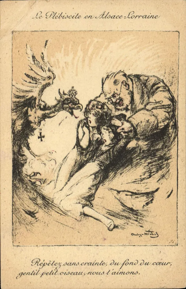 Le Plébiscite en Alsace-Lorraine — caricature d'un ange et d'un vieil homme avec deux enfants — éditeur Devambez, Paris, Visa N°126 - Vorderseite
