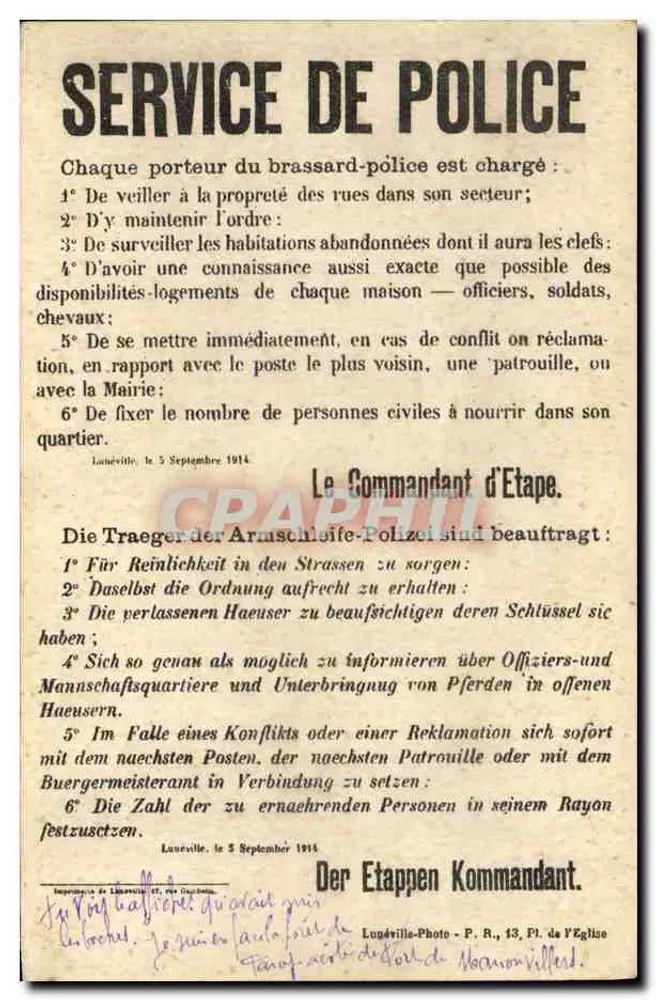 Serviço de Polícia — Instruções para os portadores de braçadeira — Luneville, 5 de setembro de 1914 — Lugéville-Photo, 13, Pl. de l'Église - Frente