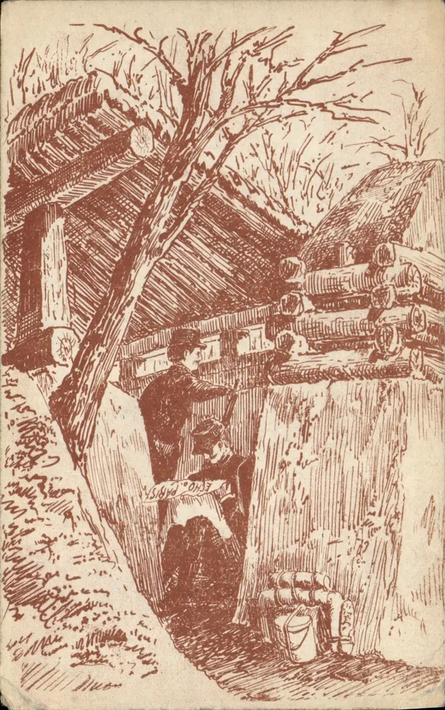 Scène de campagne — soldats près d'un abri en bois — éditeur ÉCHO DE PARIS - Frente