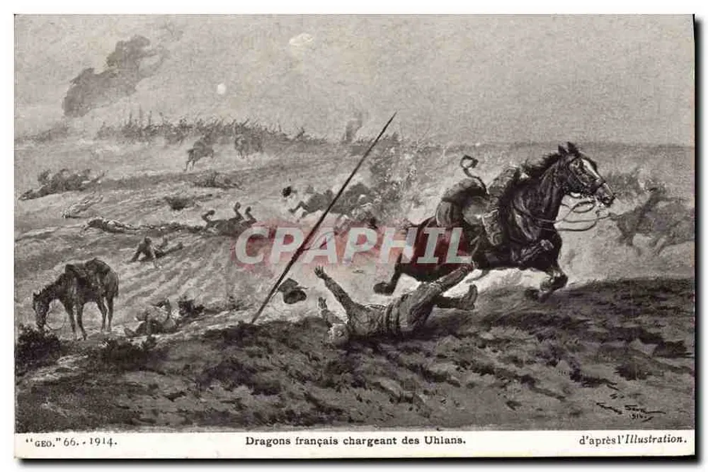 Französische Drachen, die gegen Uhlans anreiten — Illustration aus der Zeitschrift GEO Heft 66, 1914 — nach Illustration - Vorderseite