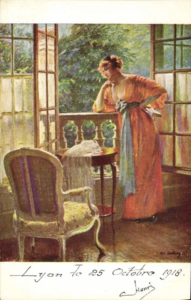 Mulher em vestido vermelho em Lyon — cena interior — Le Sotry - Frente