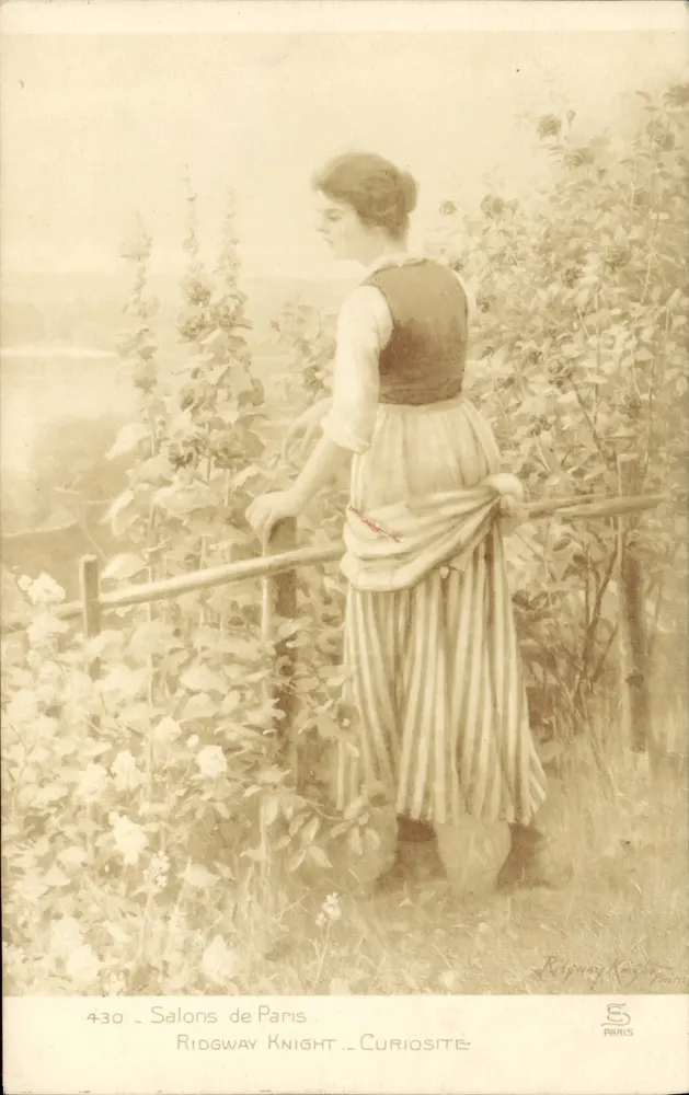 Mulher em vestido listrado olhando por cima de uma cerca — em um jardim de rosas — editor Ridgway Knight, n° 430 - Frente