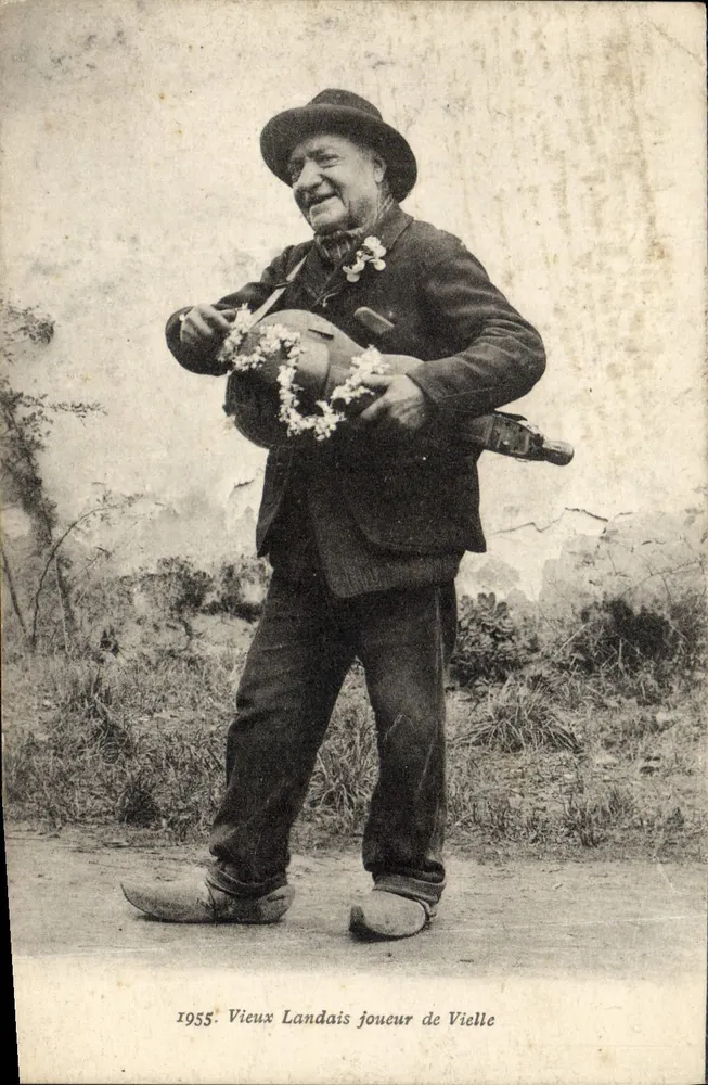 Alter Landais Geiger — Porträt eines alten Musikers mit einer mit Blumen verzierten Vielle — Verleger Bremotypte Gauzeau (Gipsonie), n° 1955 - Vorderseite