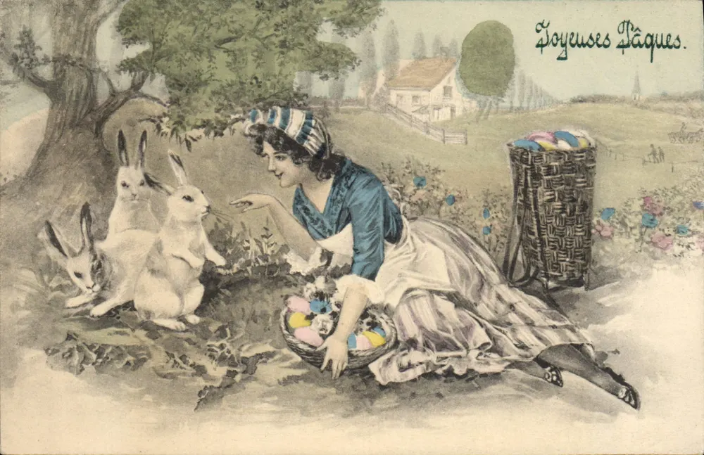Frau mit Hasen und Ostereiern — Serie 4035 - Vorderseite