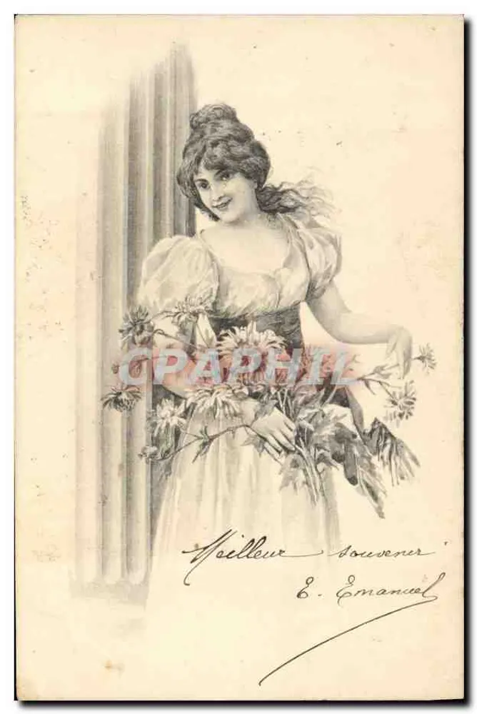 Junge Frau in einem Rüschenkleid mit Blumenbouquet — E. Emanuel — Seriennummer nicht sichtbar - Vorderseite