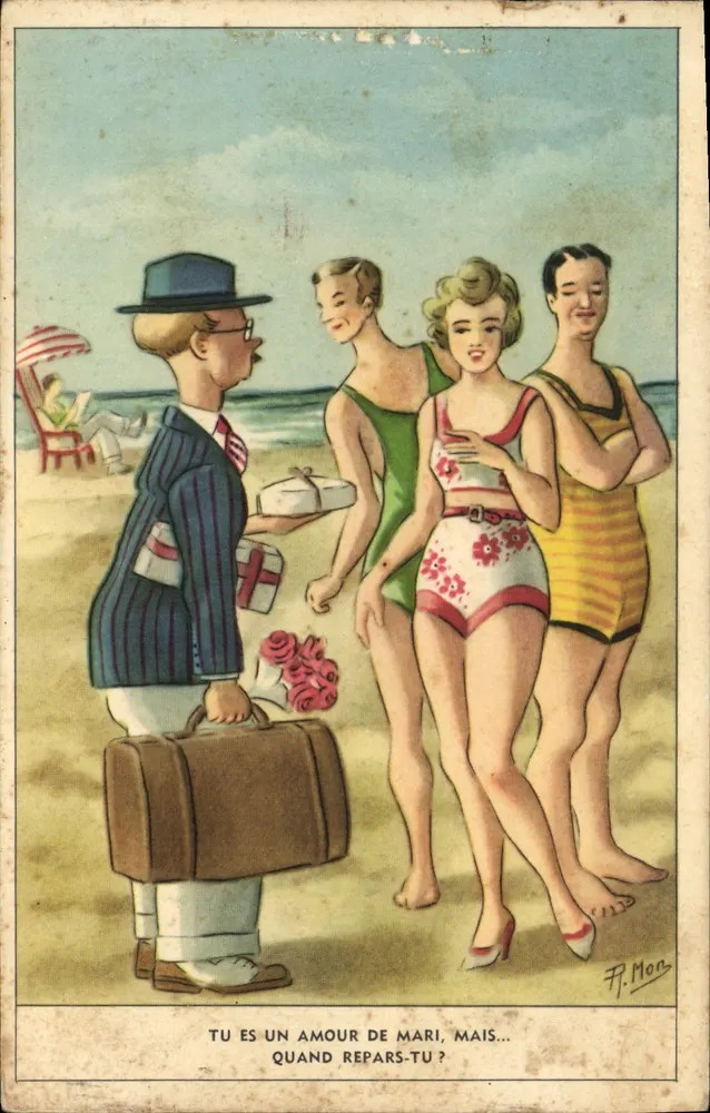 Scène de plage — homme en costume offrant des cadeaux à trois femmes en maillots — éditeur H. 6, Paris - Frente