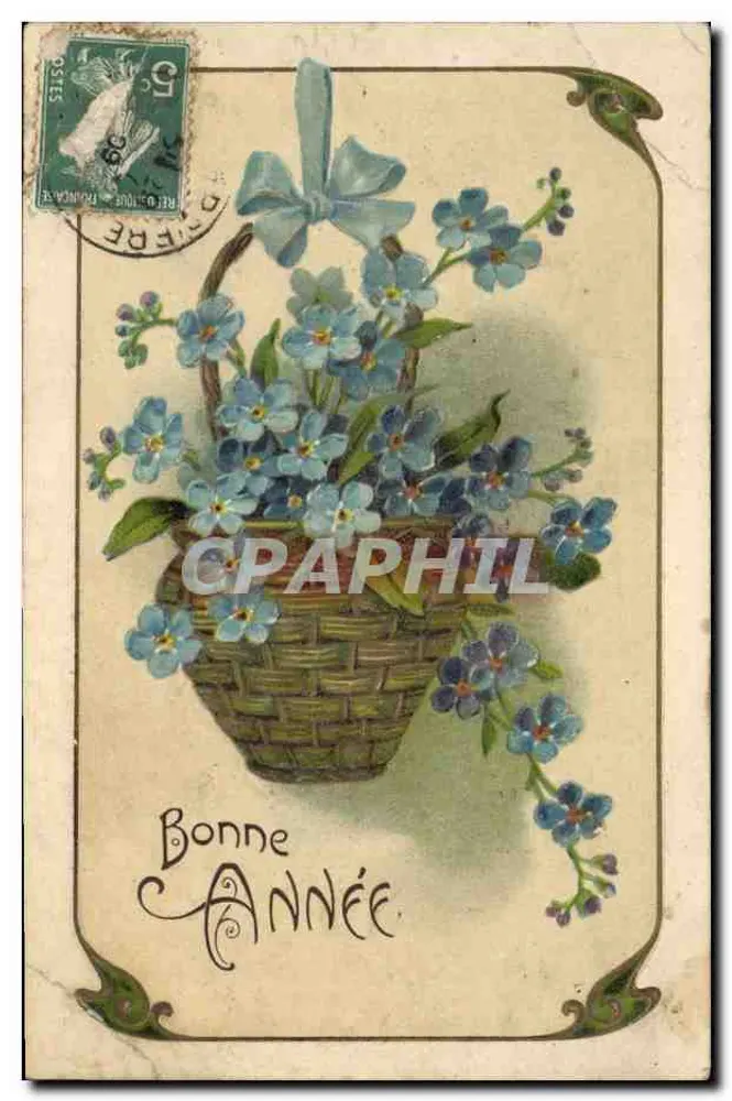 Mata de myosotis em um cesto — Boa Ano — editor desconhecido, série 1889 - Frente
