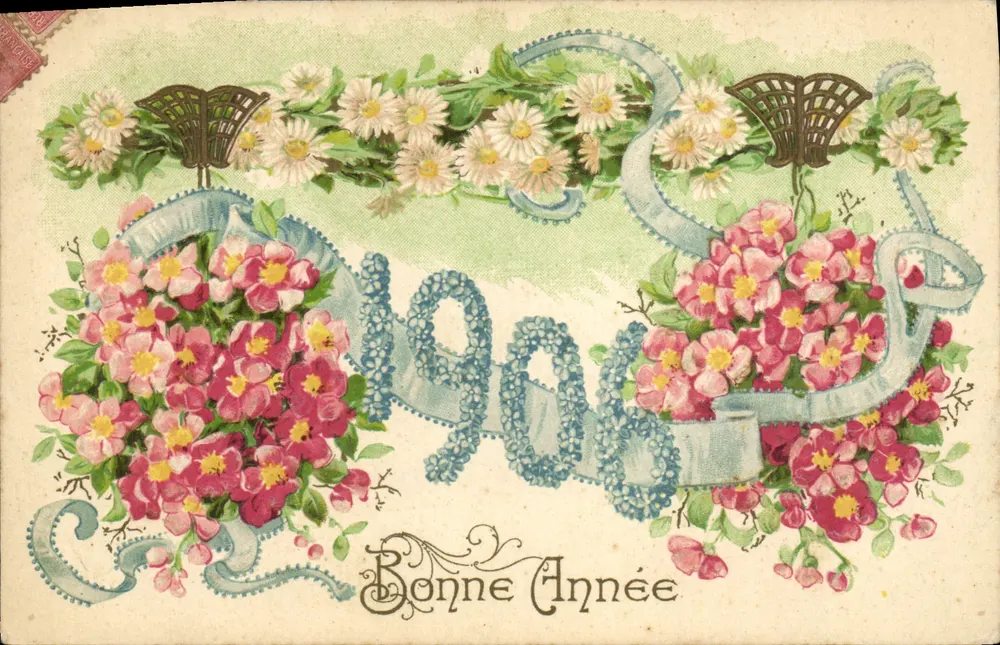 Bom Ano 1906 — Flores e laços — K. F. Editores, Paris, Série 1355 - Frente