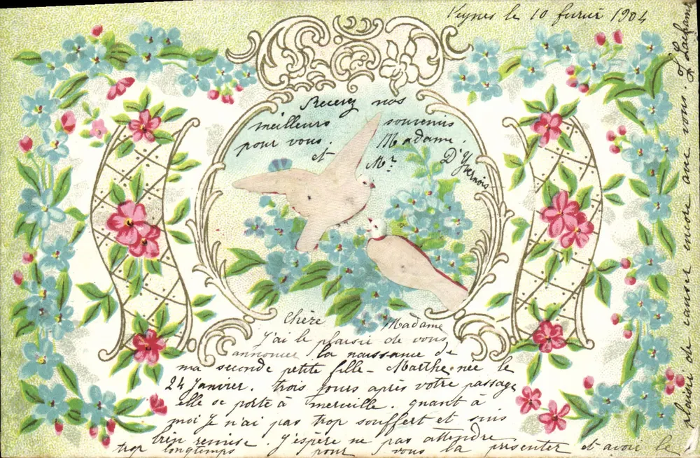 Deux colombes — décor floral — éditeur 'Carte Postale. Union postale universelle' (verso) - Frente