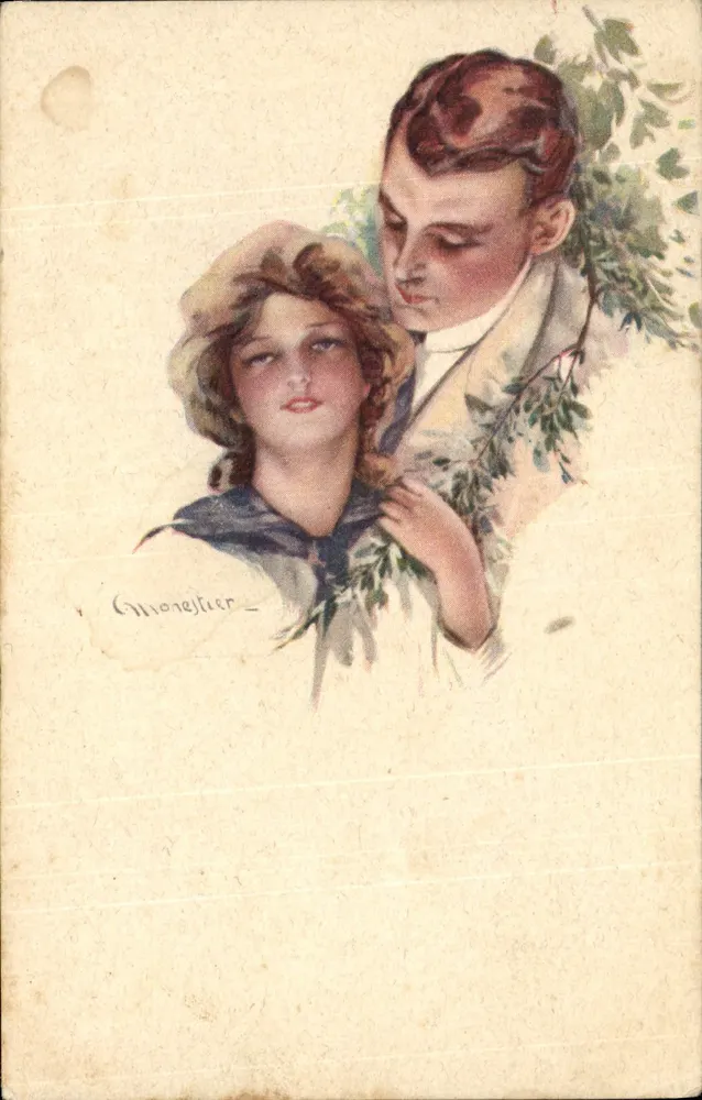 Junges Paar umgeben von Blättern — Illustration unterschrieben von 'Gmoresjter' — italienischer Verlag, Serie 486-5 - Vorderseite