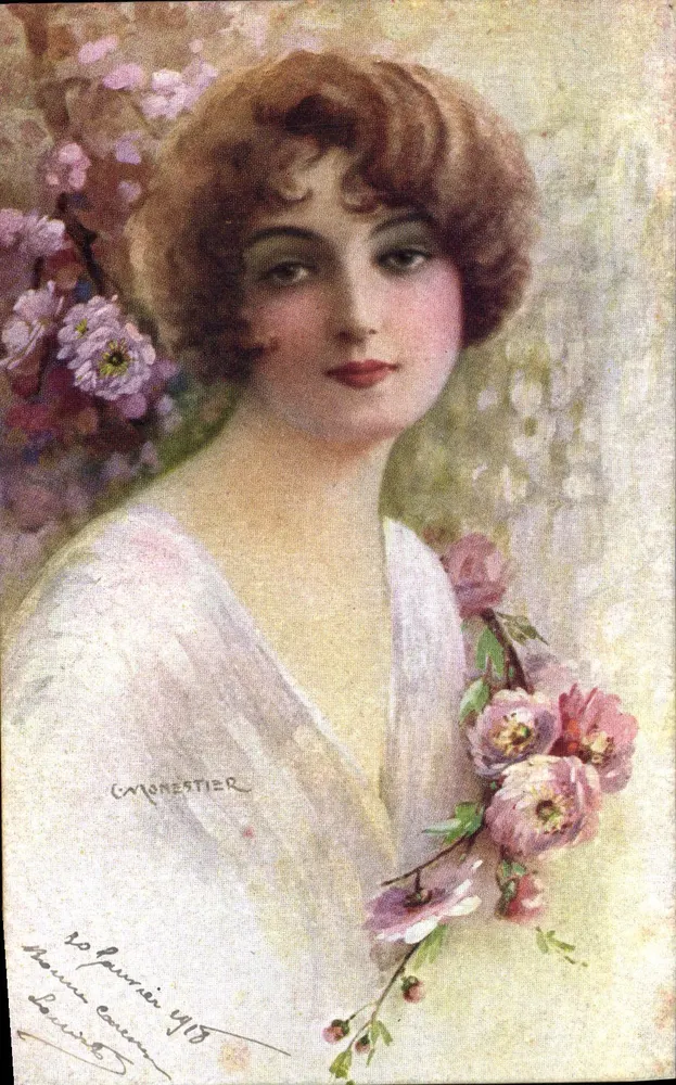 Junge Frau unter Blumen — Werk von G. Monestier — unbekannte Serie - Vorderseite