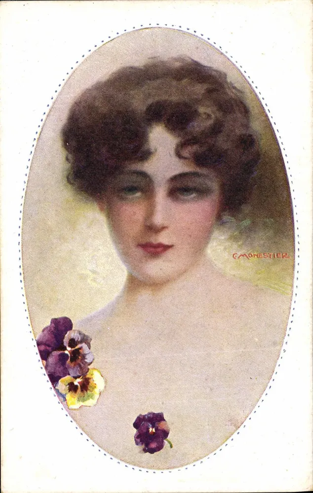 Porträt einer Frau — violette und gelbe Vergissmeinnicht — C. Monestier - Vorderseite