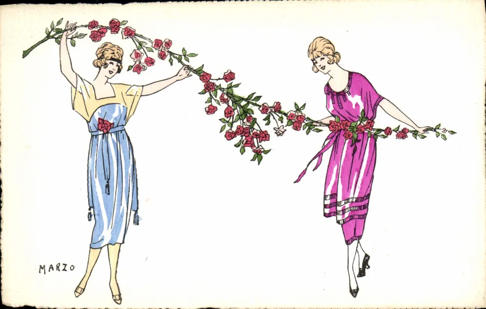 Zwei junge Frauen mit Rosen — Illustration von MARZO — Verlag J. PICOF, Paris - Vorderseite