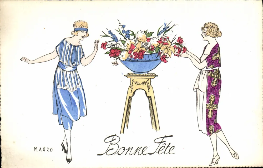 Zwei Frauen und ein Blumenstrauß — Frohe Geburtstagskarte — MARZO - Vorderseite