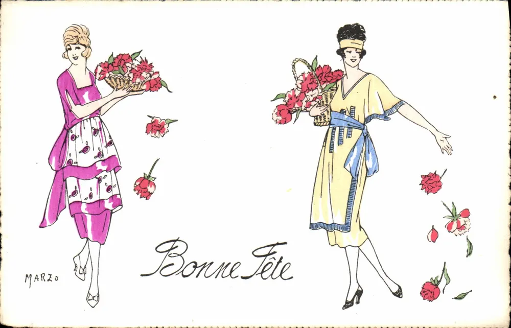 Zwei Frauen in Sommerkleidern — mit Blumenkörben — MARZO - Vorderseite