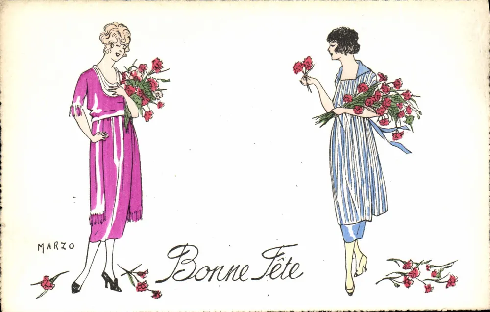 Zwei Frauen mit Blumen — Frohe Geburtstagskarte — MARZO - Vorderseite