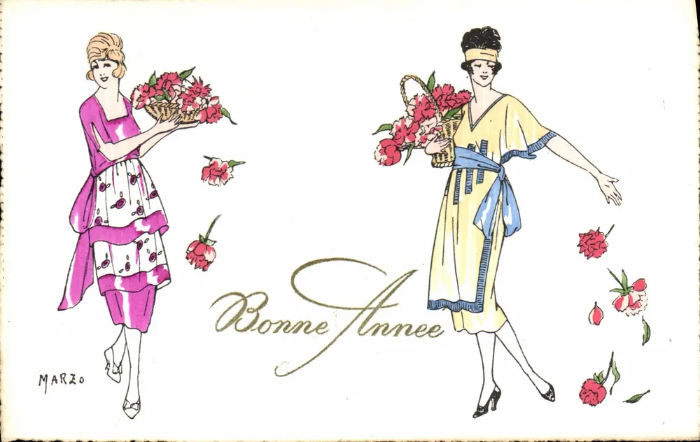 Zwei Frauen mit Blumenkörben — Frohe Neujahr — MARZO - Vorderseite