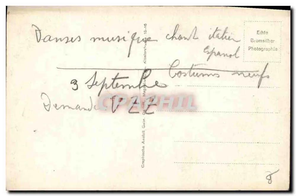 Dançarinos e músicos — cena de espetáculo — Editor Bromsither, n° 21568 - Verso