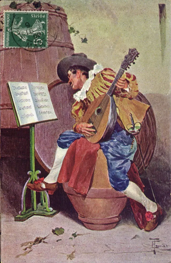 Musicien jouant de la mandoline — scène de vigneron — éditeur Harria, n° de série non visible - Frente