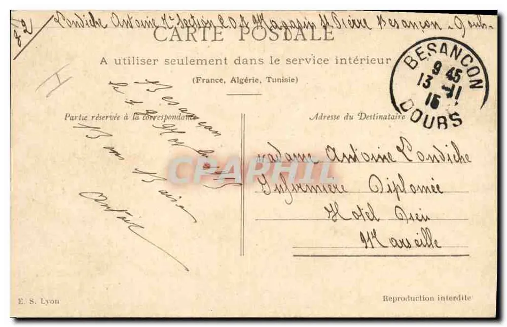 Soldado francês e mulher alsaciana — cena de despedida — E. S. Lyon, n° 22 - Verso