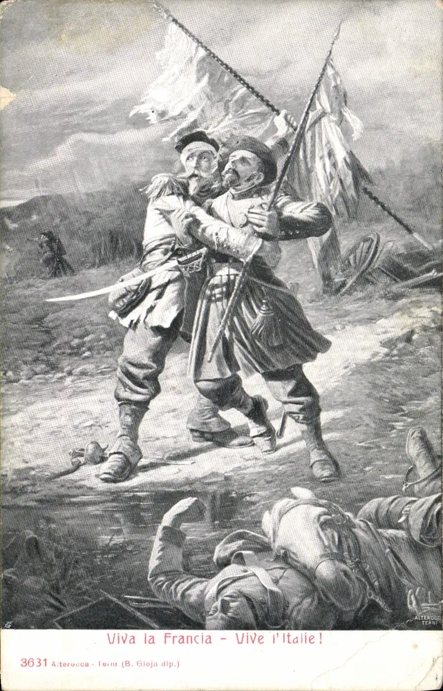 Zwei Soldaten, die sich umarmen - Viva la Francia - Vive l'Italie ! - Alterocca - Terni (B. Gioja dip.) - Vorderseite