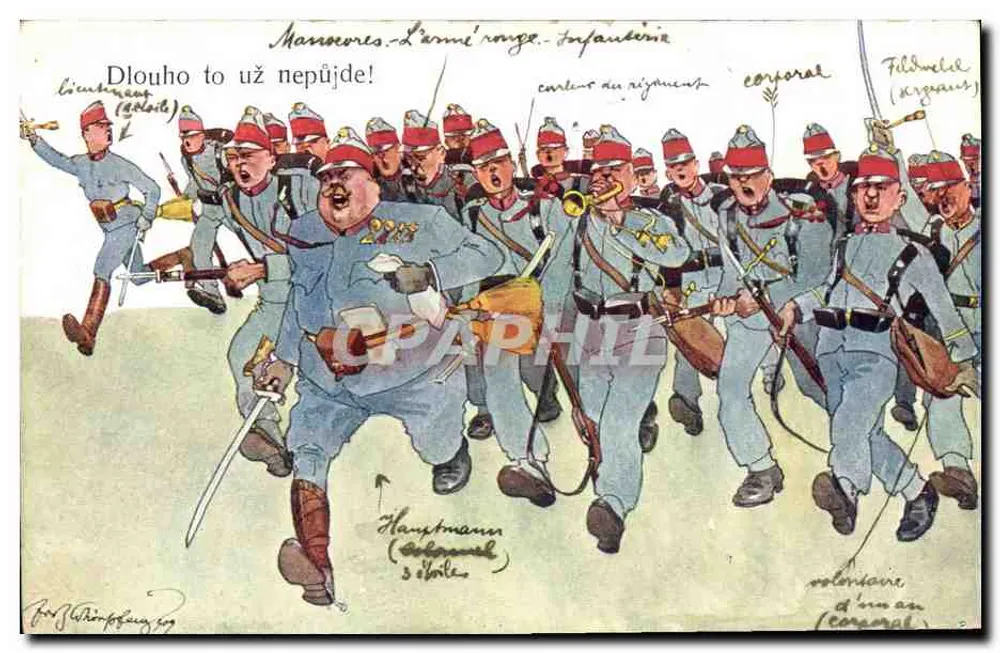 Manobras — Exército Vermelho — Infantaria — caricatura de soldados em marcha — editor B.K.W.I. n° 346-8 - Frente