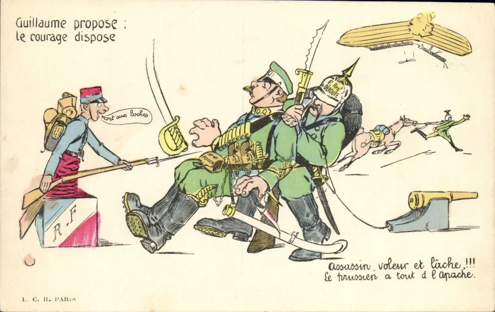 Guillaume propose : le courage dispose — caricature militaire avec soldats français et allemands, éditeur L.C.H. PARIS - Frente