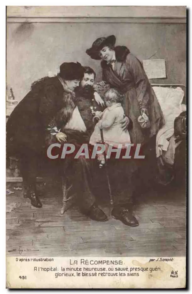 A Recompensa — No hospital: o momento feliz em que o ferido reencontra os seus — por J. Simont, Paris - Frente