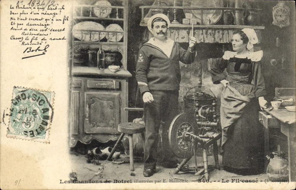 Um marinheiro e uma mulher em uma cozinha — Les Chansons de Botrel ilustradas por E. Hamonic — n° 340 « Le Fil cassé » - Frente