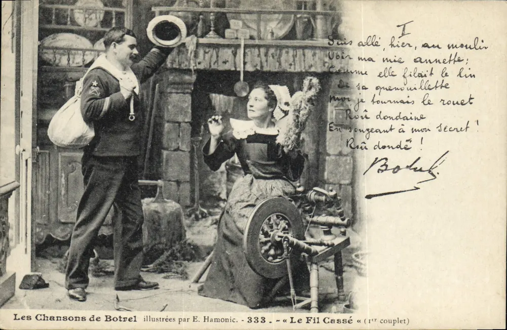 Cena de aldeia — Soldado e mulher na metairie — Les Chansons de Botrel, n°333, ilustradas por E. Hamonic - Frente