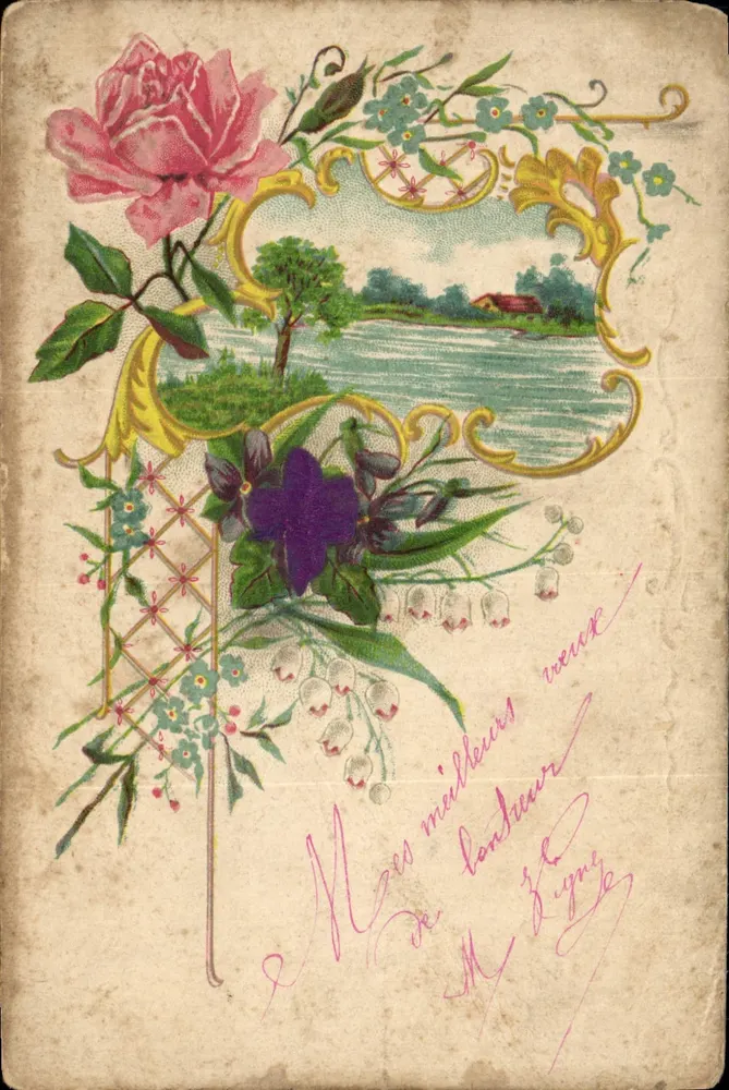 Fleurs et paysage — scène de rivière avec maison — éditeur 'Postkarte — Carte postale' (verso) - Awers