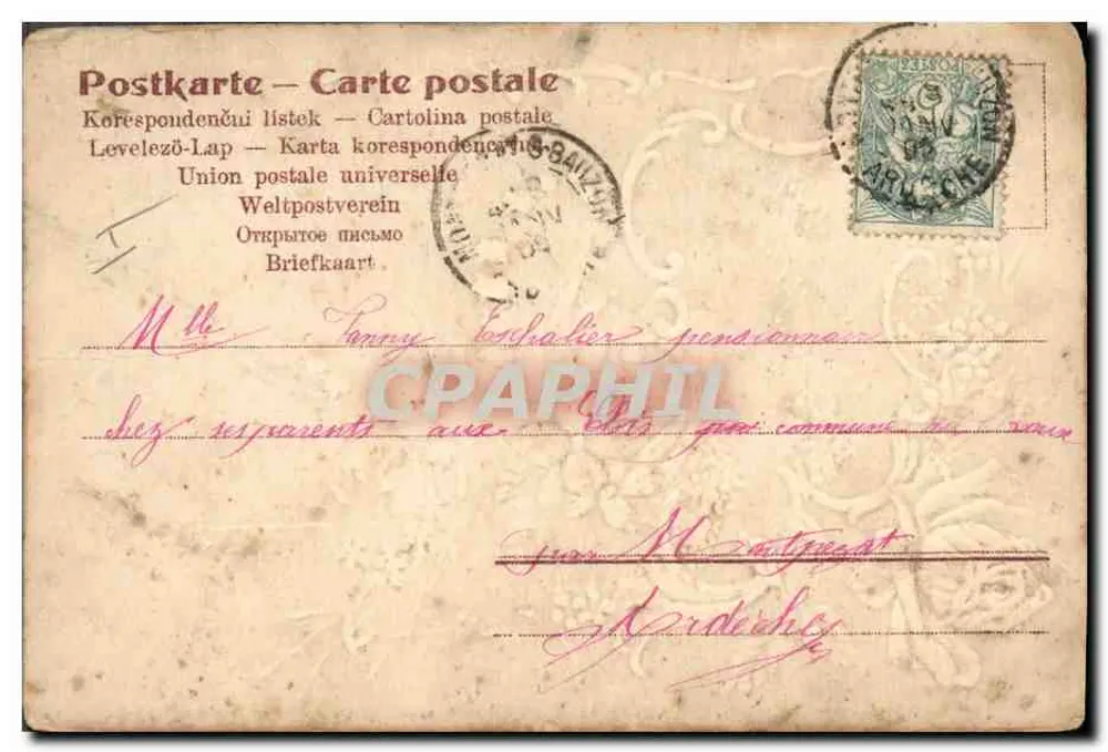 Fleurs et paysage — scène de rivière avec maison — éditeur 'Postkarte — Carte postale' (verso) - Rewers