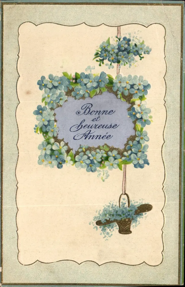 Bom e Feliz Ano — carta de boas-vindas decorada com flores azuis — editor P 562 - Frente