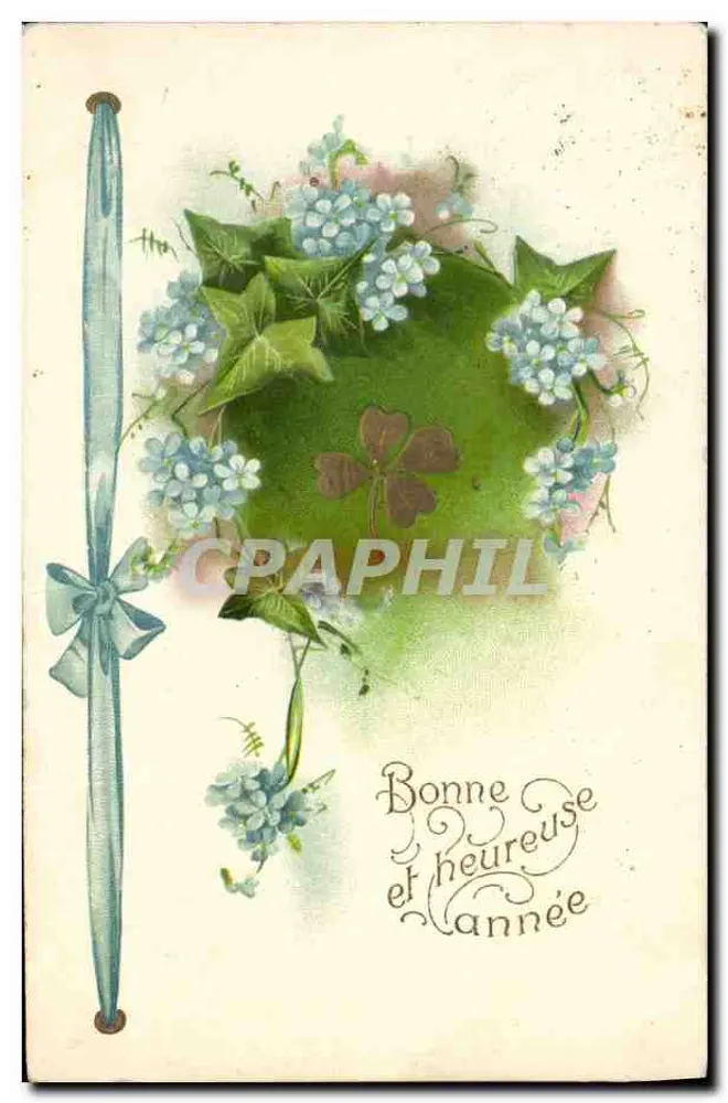 Bonne heureuse année — carte ornée de fleurs et trèfle — éditeur non visible - Frente