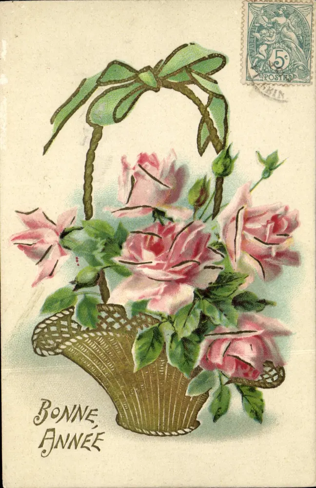 Bouquet de roses em um cesto — Boa Ano — Editor desconhecido, série 33 - Frente