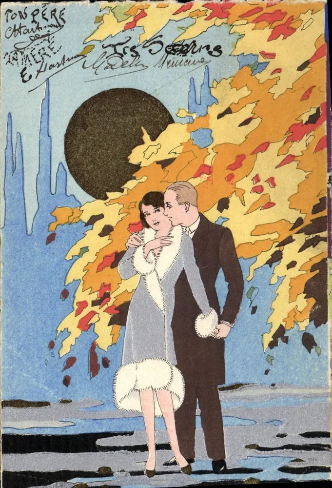 Couple en automne — scène d'amour sous un arbre aux feuilles colorées — éditeur E. Hartmann, n° 3991 - Vorderseite