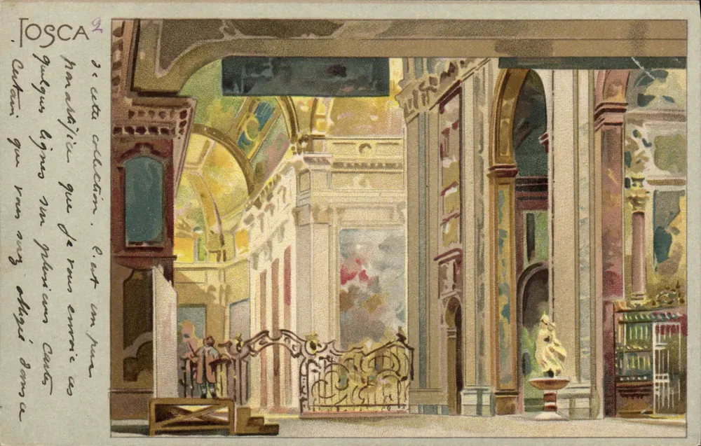 Interior de um palácio em Tosca — cena da ópera — Aff. G. Ricordi & C. Milano - Frente