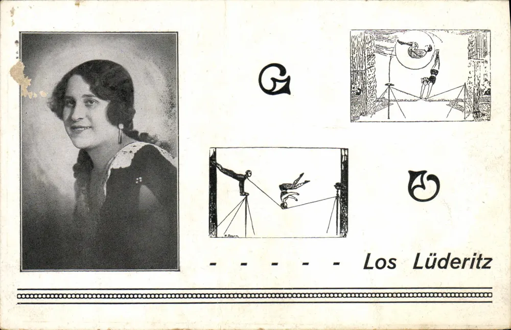 Portrait d'une femme — scène de cirque avec acrobates — éditeur Los Lüderitz - Frente