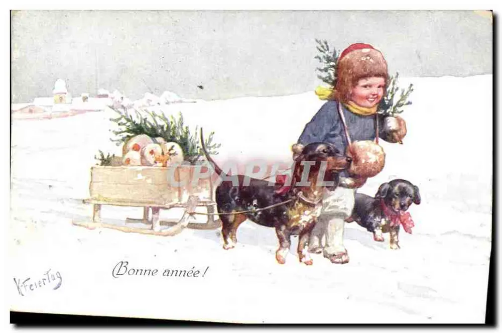 Kind mit Hunden, die einen Schlitten ziehen — Weihnachtszene — Verleger KfeierTag - Vorderseite