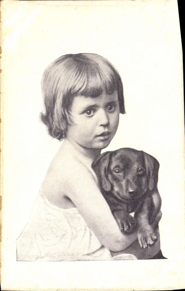 Menina segurando um filhote de dachshund — ilustração — A.G.M. - Frente