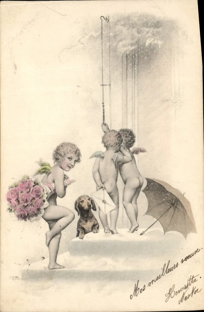 Cupid mit Rosenstrauß — Briefszenen — Verlag M. M. Vienne, Nr. 160 - Vorderseite