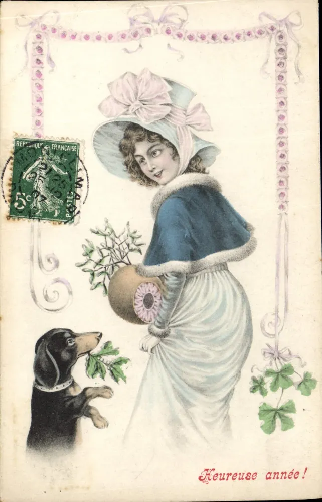 Frau und Hund mit Wacholderzweig — 'Glückliches Neues Jahr!' — Serie III, Nr. 2552 - Vorderseite